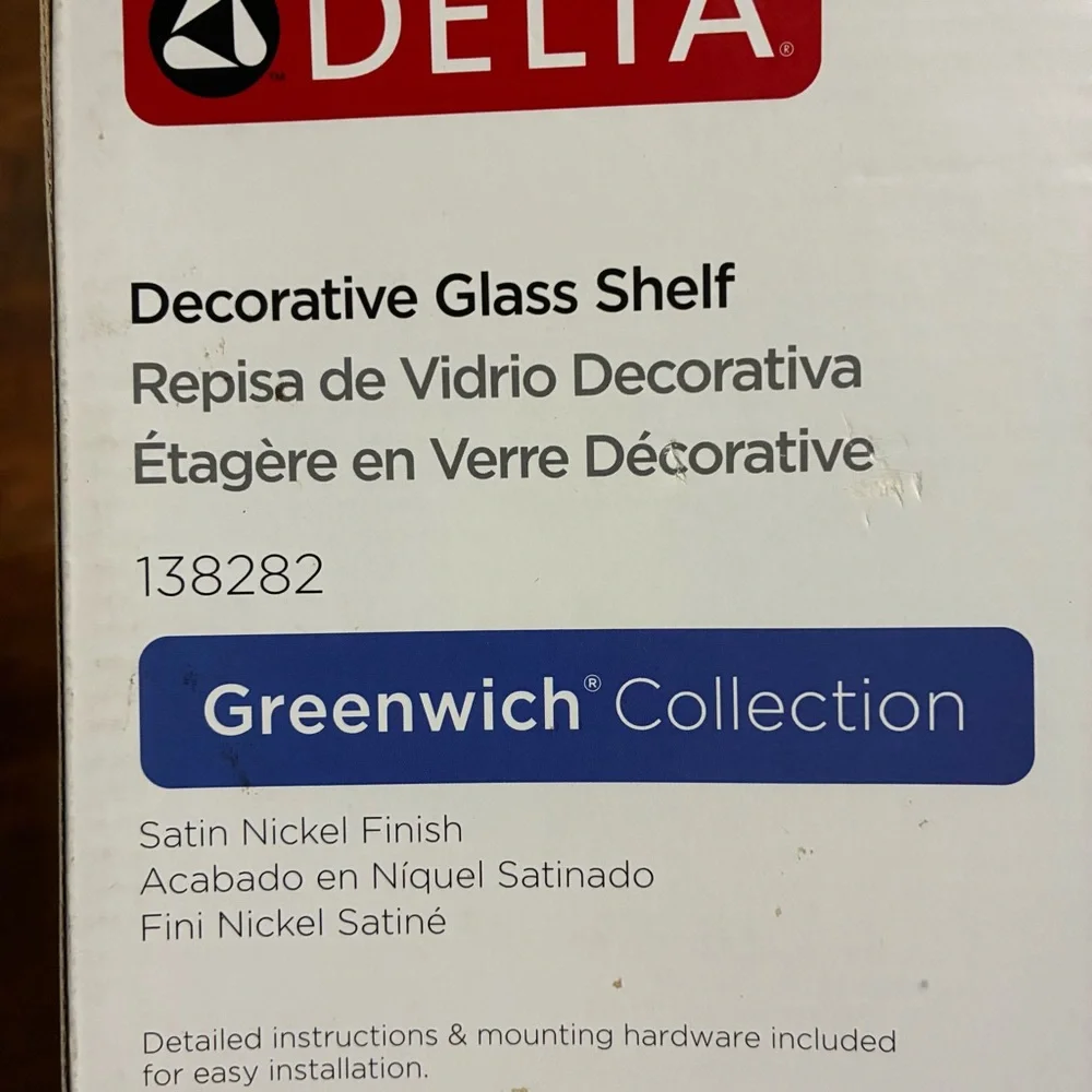 Delta Decorative 24’ Glass Shelf w/hardware included nib satin nickel finish